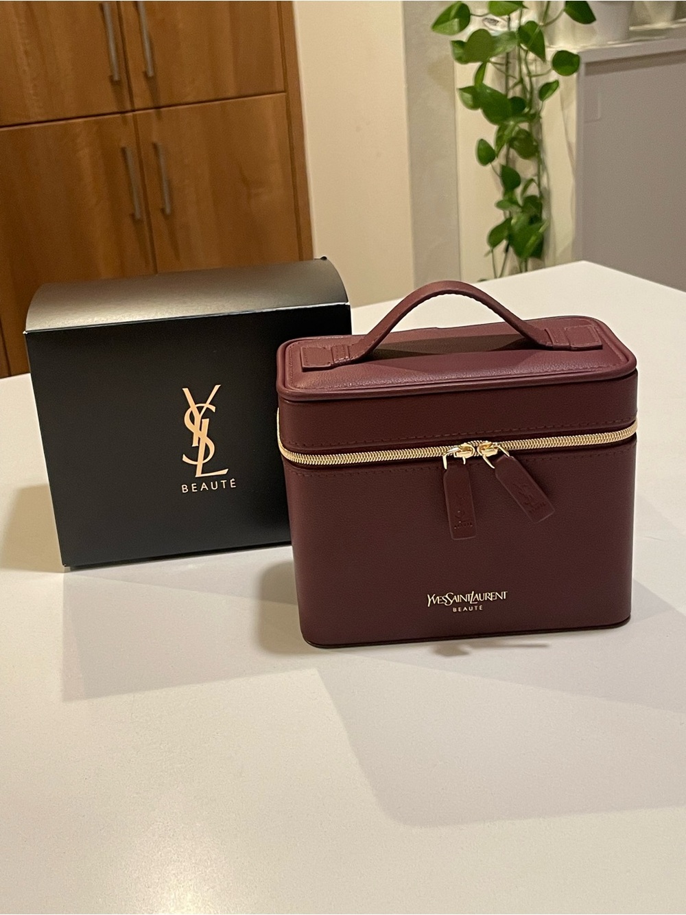 Yves Saint Laurent Burgundy Leather Toiletry Case with Gold Hardware